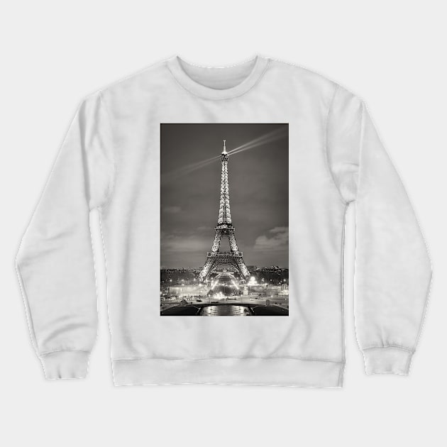 Eiffel Tower Illuminated at Night Black and White Crewneck Sweatshirt by mcdonojj